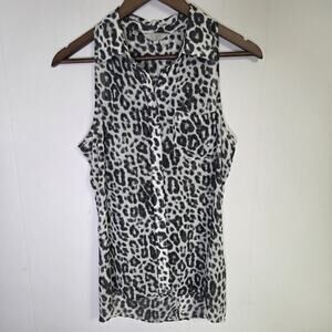Guess Black And White Leopard Print Semi Sheer Button Down Sleeveless Top Size S